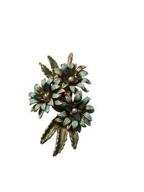 Vintage Floral Brooch With Green Enamel & Gold-Tone Leaves - Retro Costume Jewel